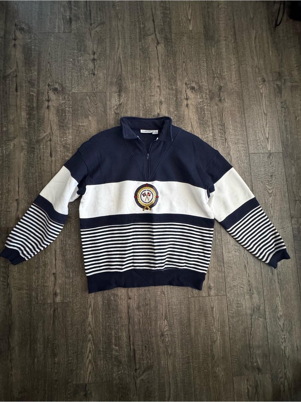 Nordstrom Navy and White Striped Half-Zip Sweater with Crest